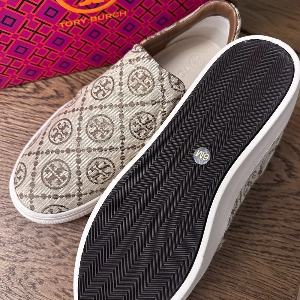 NWT！NEW！Tory Burch T Monogram Slip On Sneaker Leather /Jacquard Hazel Brown US 6